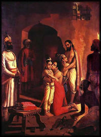 कृष्ण-बलराम, देवकी-वसुदेव से मिलते हुए, द्वारा- राजा रवि वर्मा